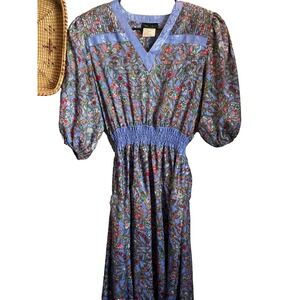 Vintage 1980's Diane Freis Purple Floral Georgette Midi Dress Ruched Pleated M/L